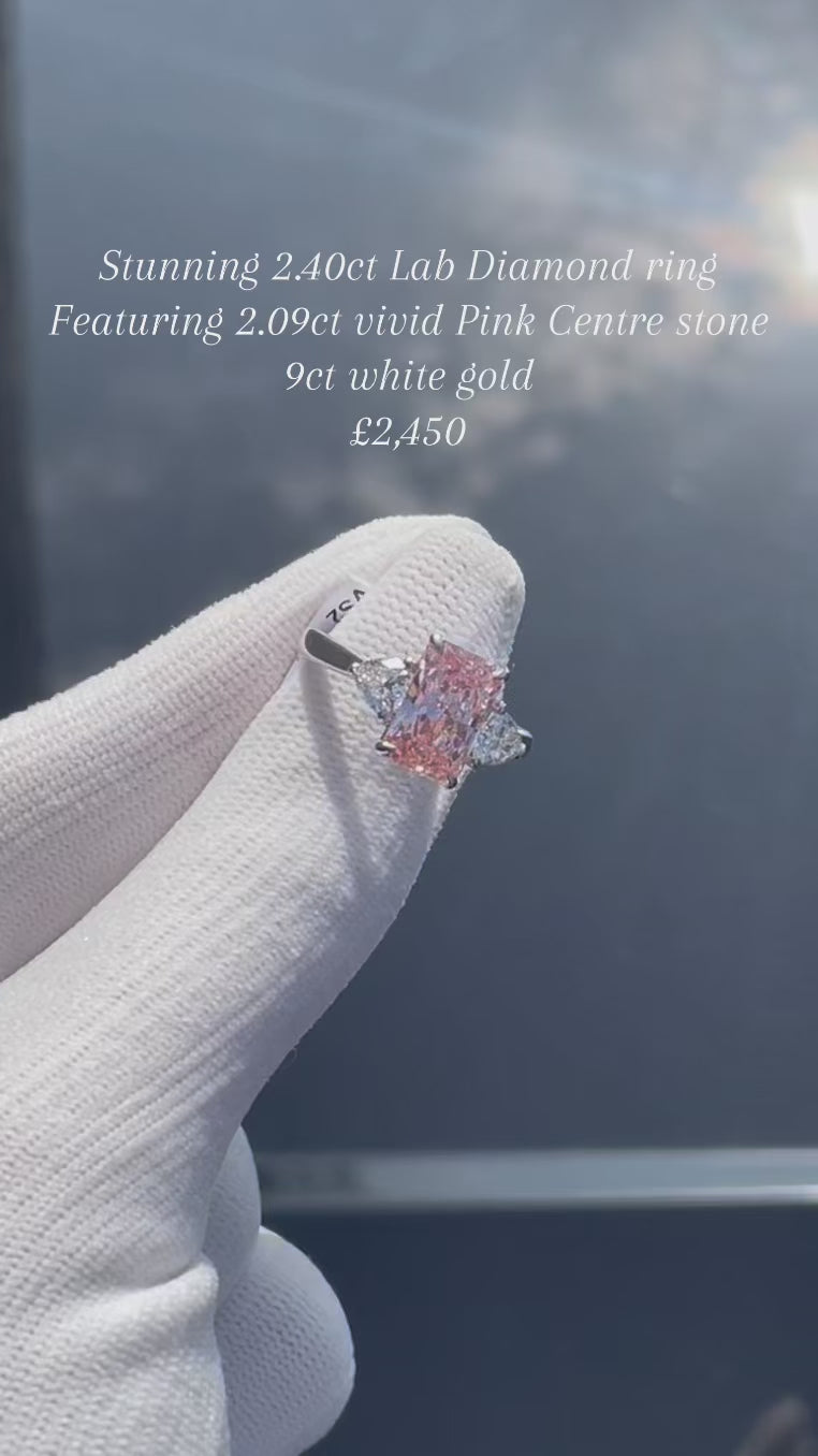3 stone Lab diamond ring with 2.09ct Vivid Pink Lab diamond